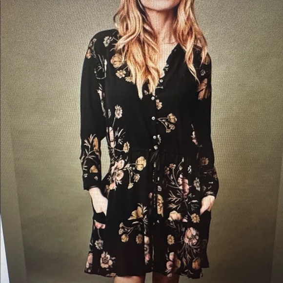 Free People Dresses & Skirts - Free People Black Dress with Floral Patterns with button details size small